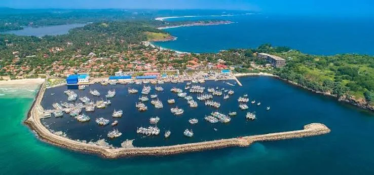 Aerial view of Dickwella harbour and coastline